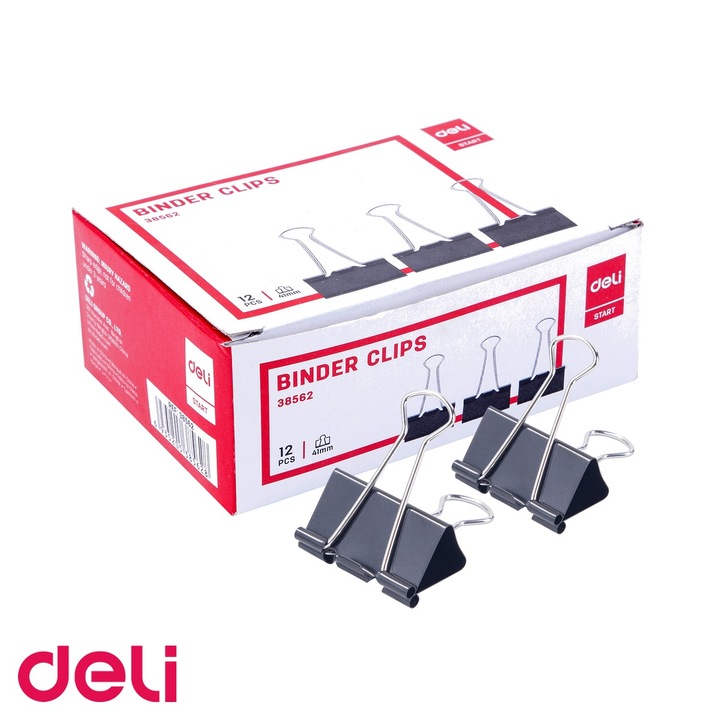 Set 12 clipsuri hartie Deli, metal nichelat 41mm, pentru organizarea documentelor la birou