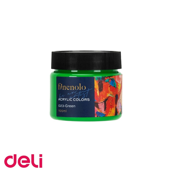 Culoare acrilica verde Deli, borcan plastic 100 ml, acoperire intensa pentru hobby si arte creative