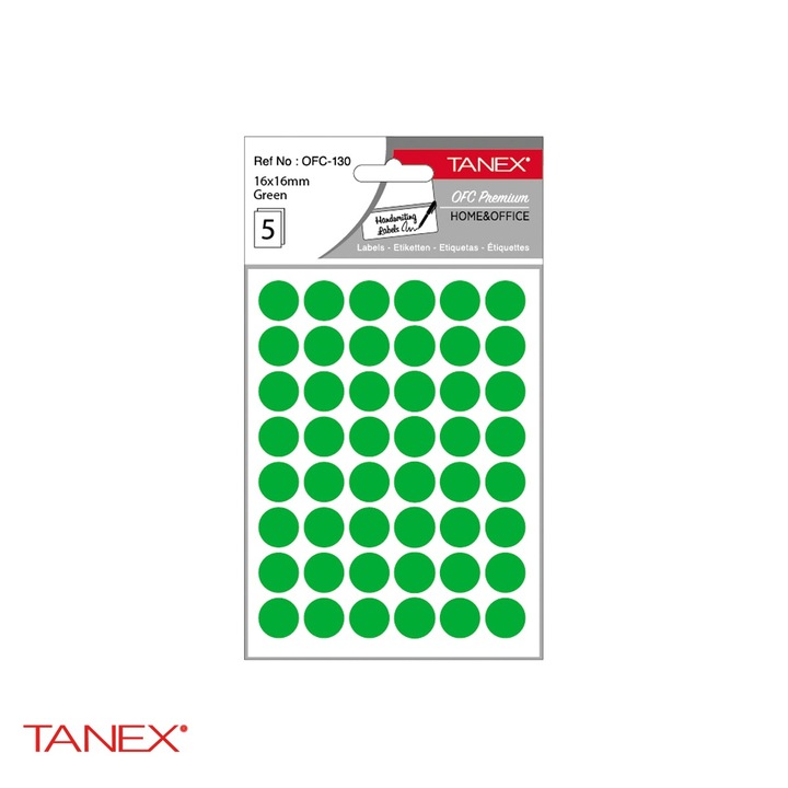 Etichete autoadezive rotunde Tanex, diametru 16 mm, culoare verde, set 240 bucati, pentru marcare si organizare Verde