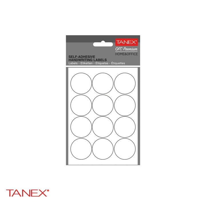 Etichete autoadezive rotunde Tanex, diametru 32 mm, albe, set 120 bucati, pentru organizare si etichetare