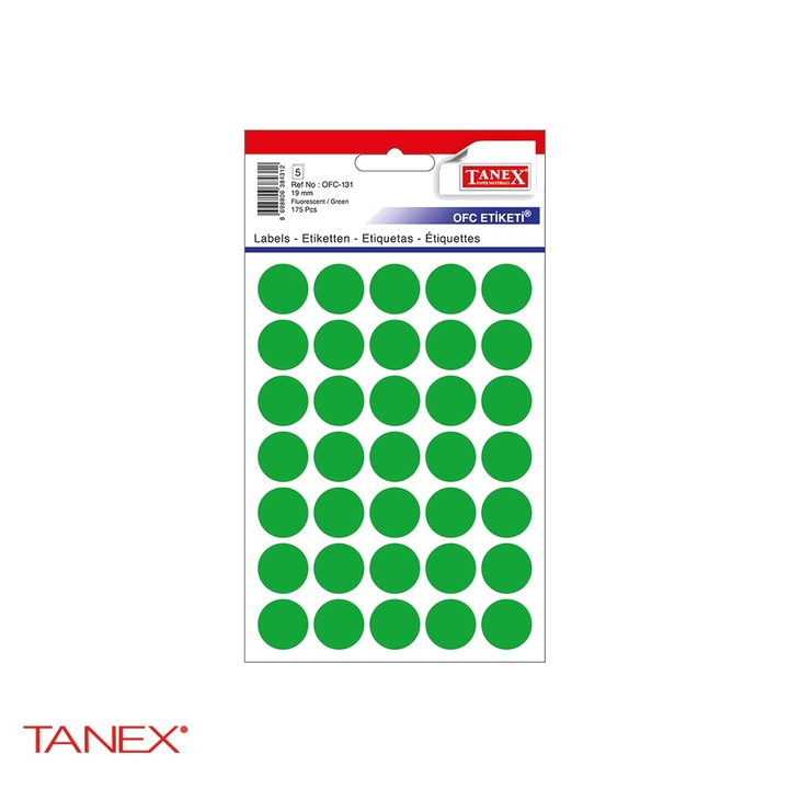 Etichete autoadezive rotunde Tanex, diametru 19 mm, culoare verde, set 175 bucati pe folii Verde