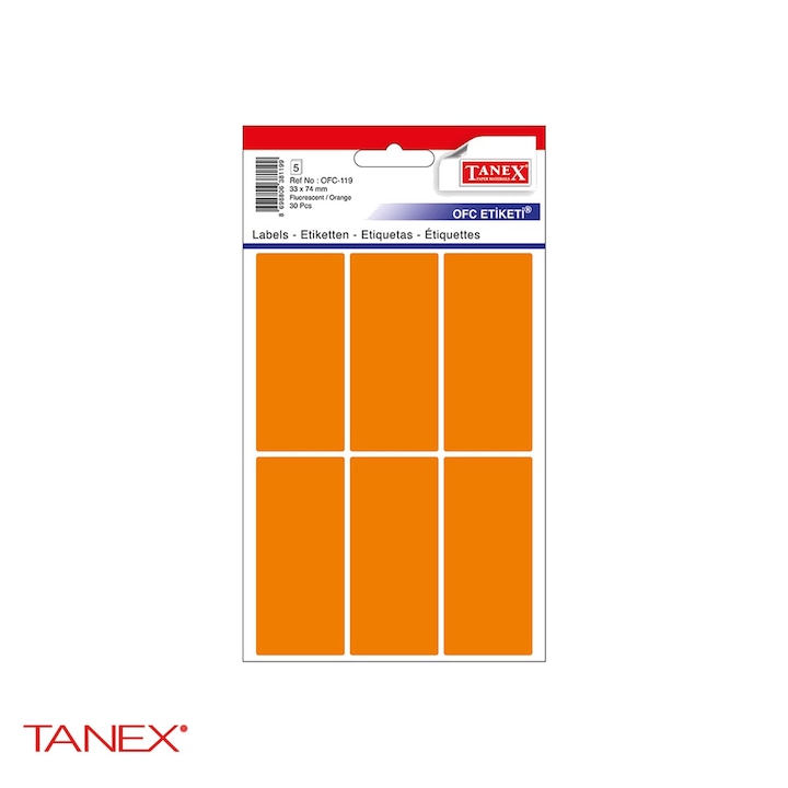 Set etichete autoadezive Tanex, 33x74 mm, portocalii, colturi rotunjite, hartie FSC certificata, 30 bucati/set Portocaliu
