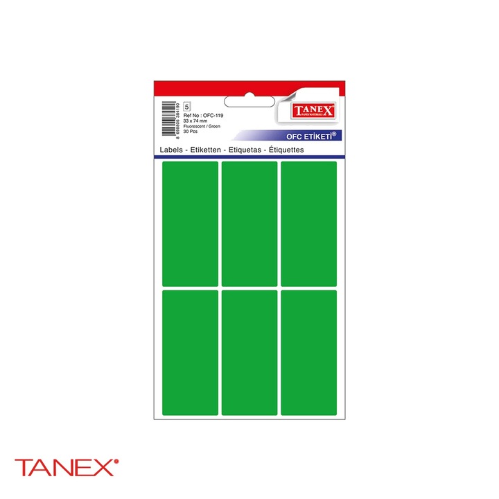 Etichete autoadezive Tanex, dreptunghiulare cu colturi rotunjite, 33x74 mm, verde, set 30 bucati Verde