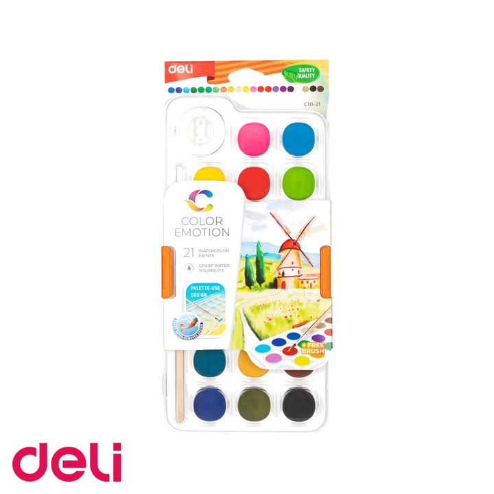 Set acuarele 21 culori Deli, pastile 28mm cu pensula inclusa, pentru desen si pictura scolara