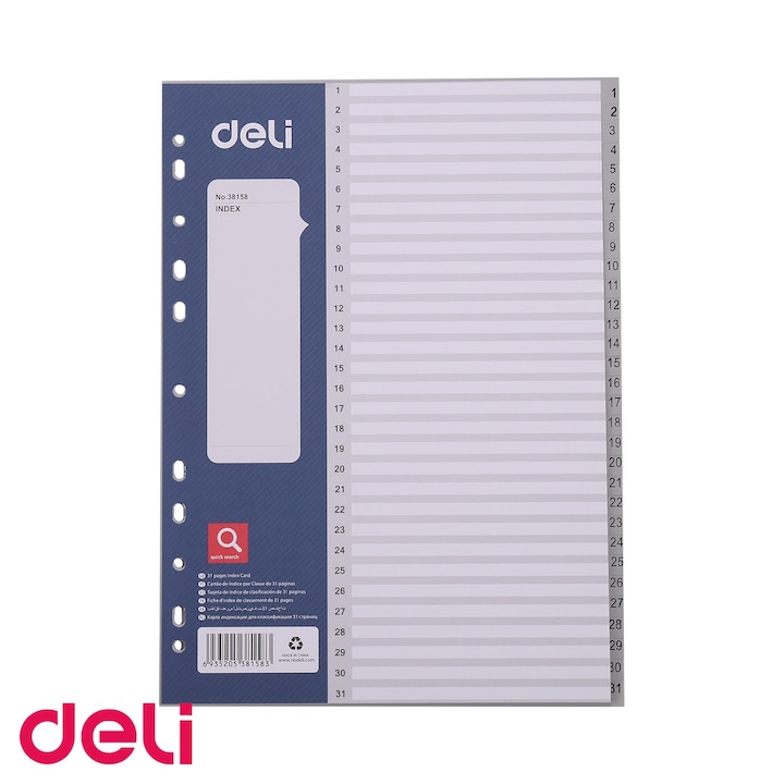 Separatoare index plastic 1-31 Deli, format A4, 11 perforatii, pentru organizare documente in bibliorafturi