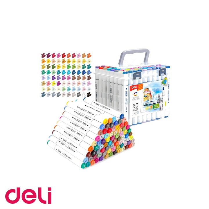 Set 80 markere sketching Deli, varf dublu rotund 1mm si tesit 7mm, cerneala pe baza de alcool, pentru schite si ilustratie Multicolor
