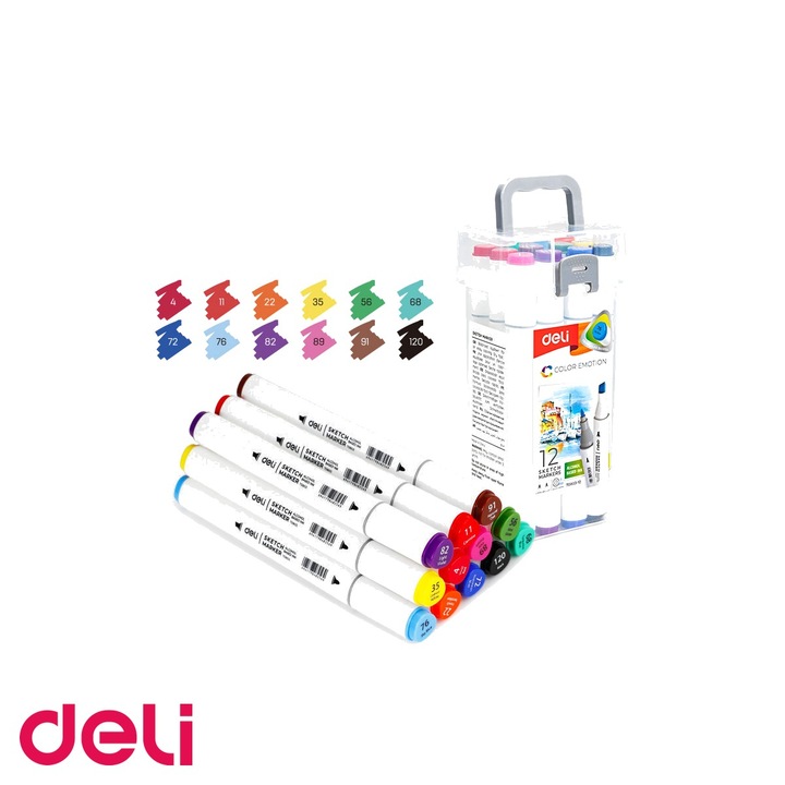 Set 12 markere sketching varf dublu Deli Color Emotion, cerneala pe baza de alcool, pentru schite si ilustratie Multicolor