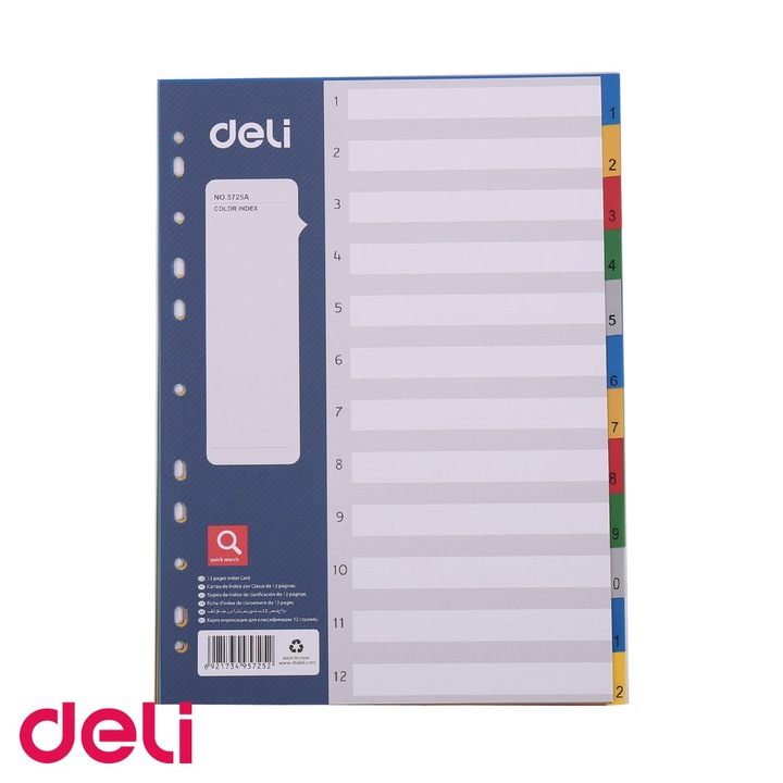 Set 12 separatoare index plastic color Deli, format A4, cu 11 perforatii, pentru organizare documente