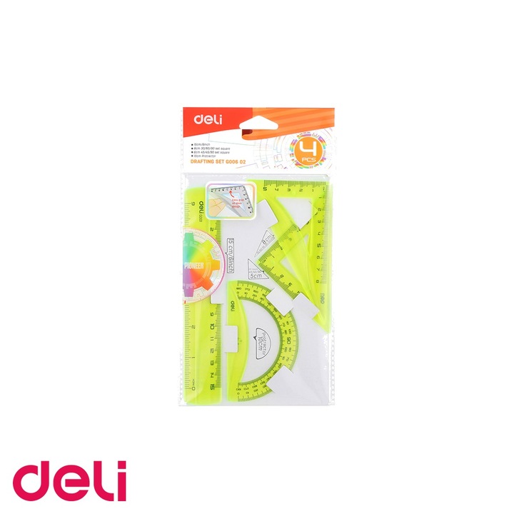 Set geometrie deli color fluorescent 4 piese, rigla echer raportor, pentru scoala
