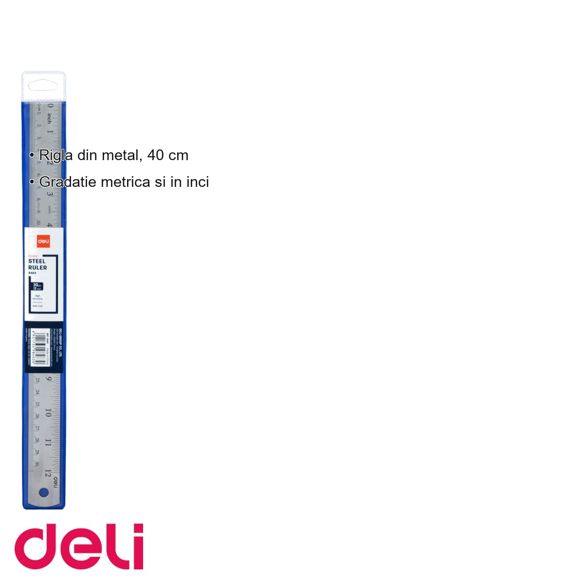 Rigla metalica Deli 40 cm, gradatie metrica si in inci, pentru desen ...