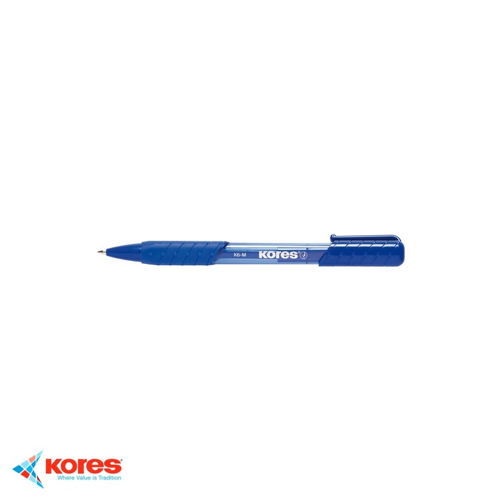 Pix cu mecanism Kores K6, varf mediu 1mm, grip moale, forma triunghiulara ergonomica, scriere albastra