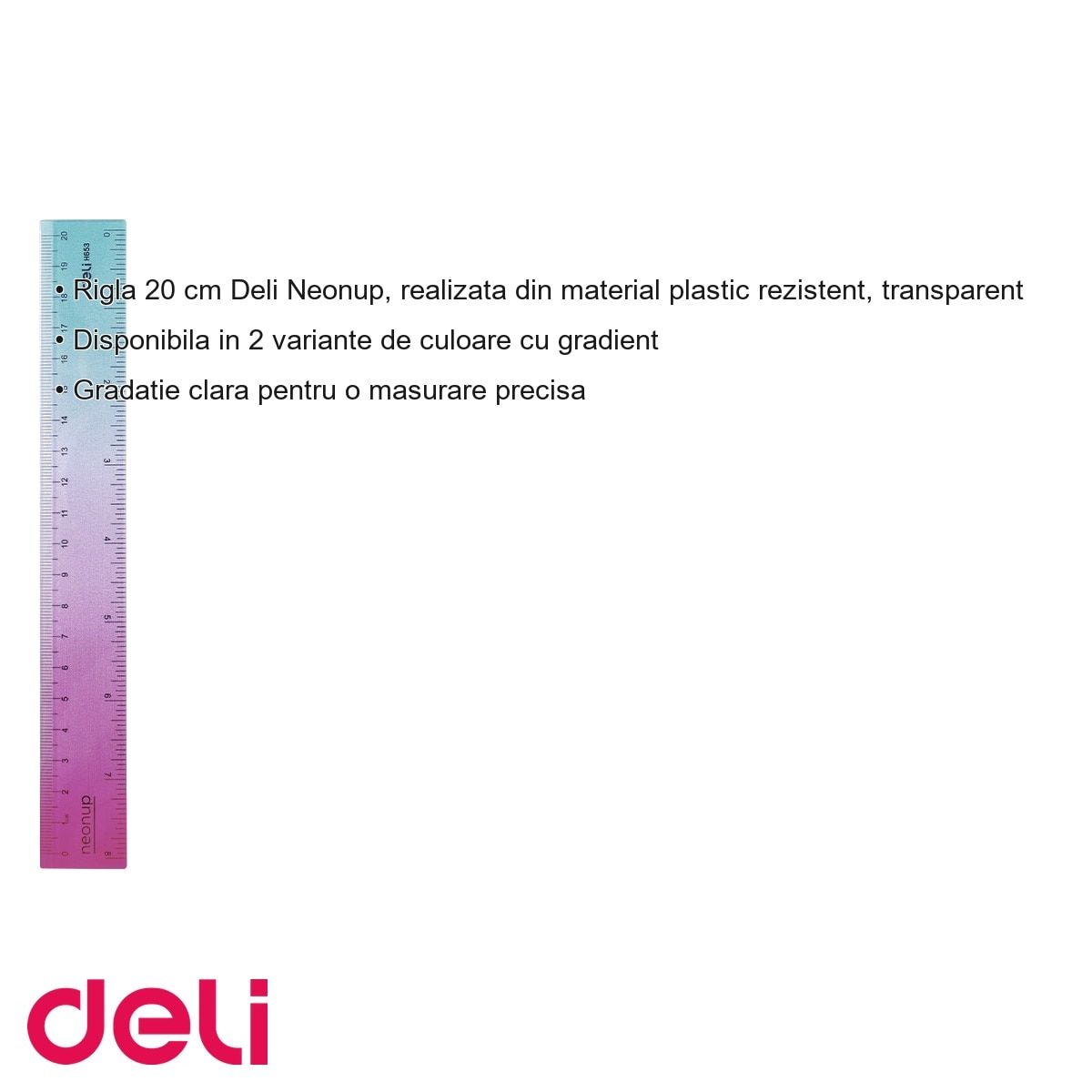 Rigla 20 cm Deli Neonup, plastic transparent cu gradient, pentru scoala ...
