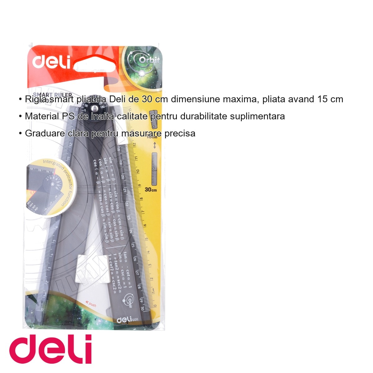 Rigla pliabila Deli Smart 30 cm, cu raportor integrat si formule ...
