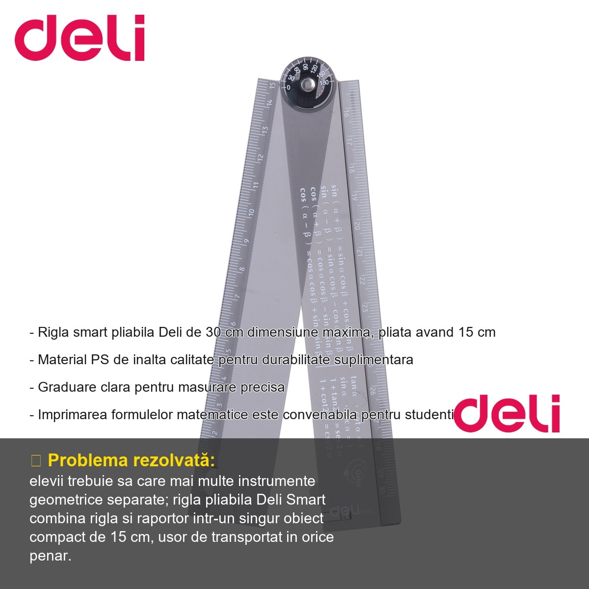 Rigla pliabila Deli Smart 30 cm, cu raportor integrat si formule ...