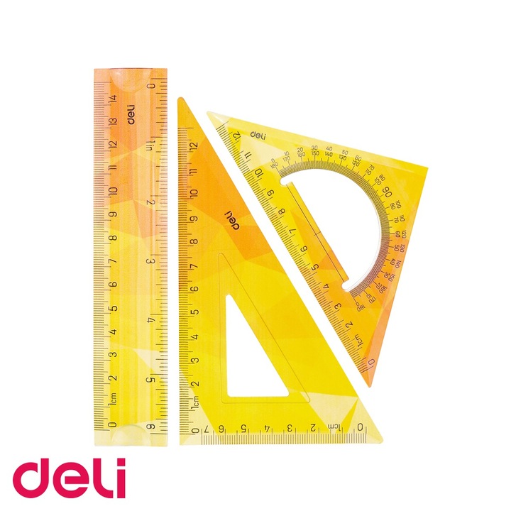 Set geometrie 3 piese flexibil color Deli, rigla 15 cm si 2 echere 13 cm, pentru scoala