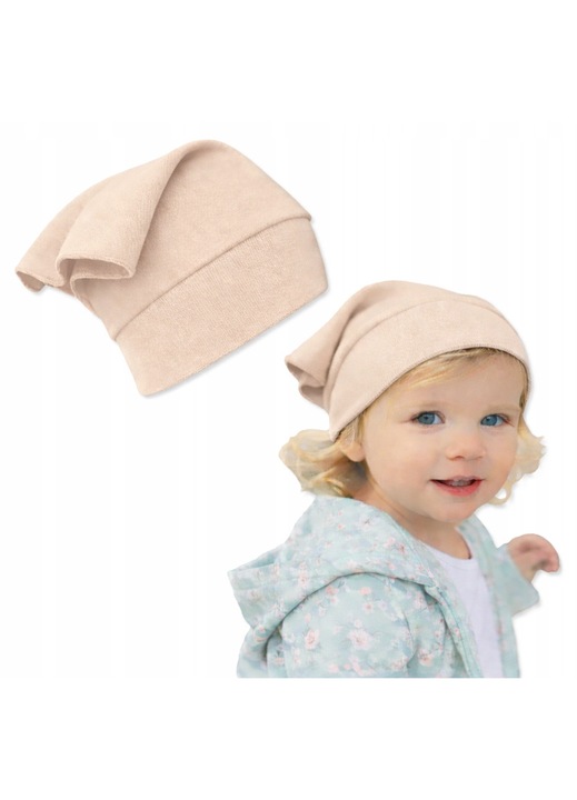 Dartomik, Caciula beanie/chusta pentru copii din bumbac elastic 97% bumbac/3% lycra, cu orificiu pentru par si banda elastica, Bej, 40-46 cm