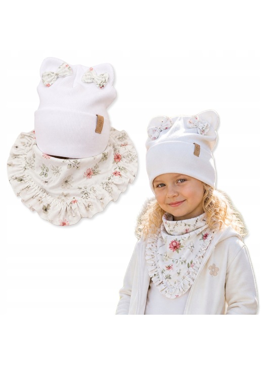 Set fetite Dartomik 52x56cm beanie cu fundite si esarfa florala din bumbac