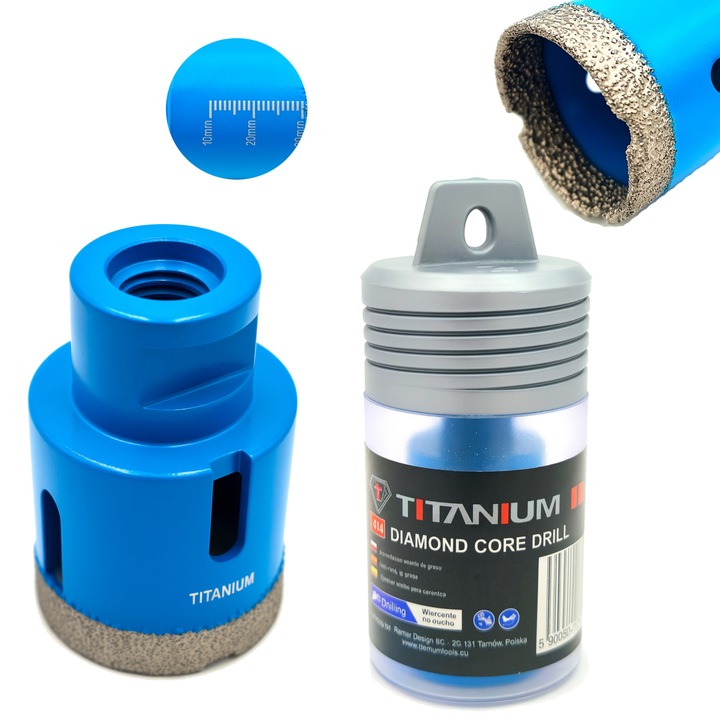 Corona diamantata Titanium CeraMax 43 mm, cu filet M14, pentru gresie si ceramica, pentru gaurire pe uscat, albastru, 1 buc