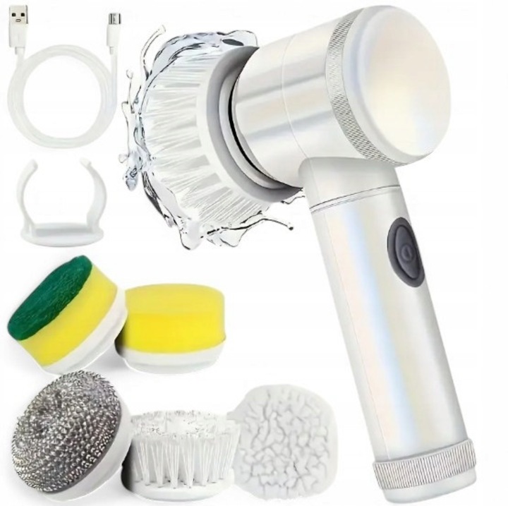 Perie electrica rotativa de curatare 5 in 1, fara fir, 5 capete interschimbabile, 360° rotire, baterie 500 mAh, incarcare USB, alb