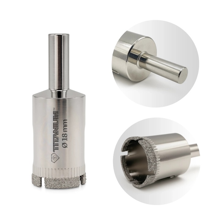 Coroana diamantata / freza diamantata Titanium CeraMix 18 mm, pentru gres, ceramica si sticla, prindere cilindrica, lucru pe umed, argintiu, 1 buc