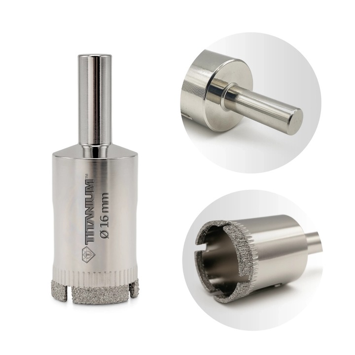 Coroana diamantata Titanium CeraMIX, 16 mm, pentru gresie, ceramica si sticla, prindere cilindrica, Argintiu, 1 buc