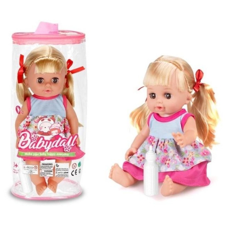 Merkpol baba 35cm szőke többszínű cumisüveggel