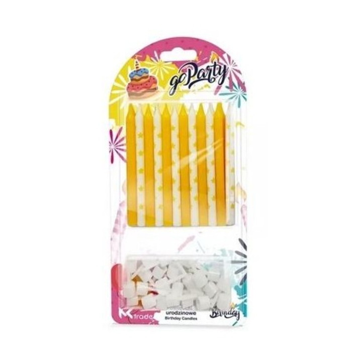 Lumanari de zi de nastere GoParty, lumanari pentru tort cu stelute, 8 cm, galben/alb, 24 bucati