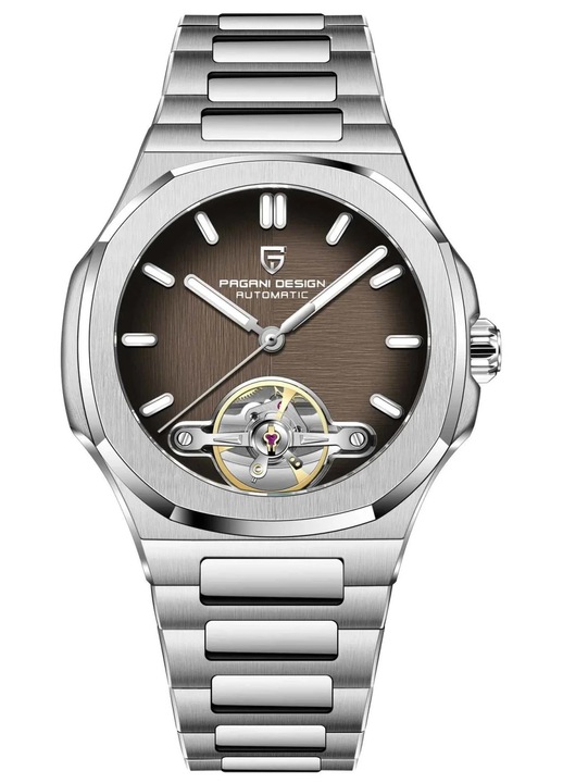Ceas Automatic Barbati Pagani Design PD-YS025, 42mm, Tourbillon Open Heart, Otel Inoxidabil, Sticla Safir, Argintiu/Negru