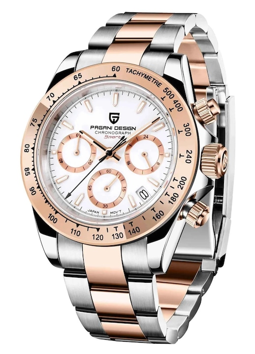 Férfi karóra Pagani Design PD-1644 Fehér Kétszínű, Chronograph VK63, 40mm, Zafírüveg, Ezüst & Rose Gold Elegáns