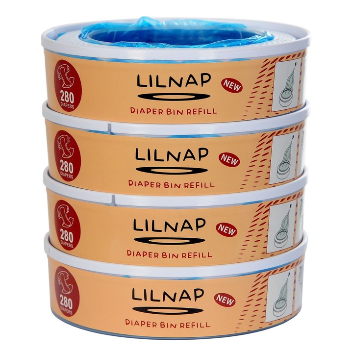 Lilnap pelenkatartó vödör utántöltő, kompatibilis Angelcare Captiva/Classic New Improved, 7 rétegű HDPE fólia EVOH-val, szagtalanító, kék, 4 db