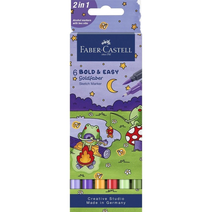 Маркери Faber Castell Goldfaber Sketch, двоен връх (2 в 1), на алкохолна основа, 6 цвята, Многоцветен, 6 броя