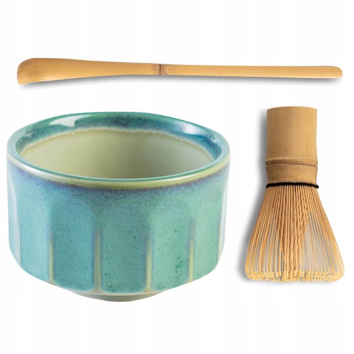 Set ceai matcha Green Touch, ceramica turcoaz, bambus, 10.5cm
