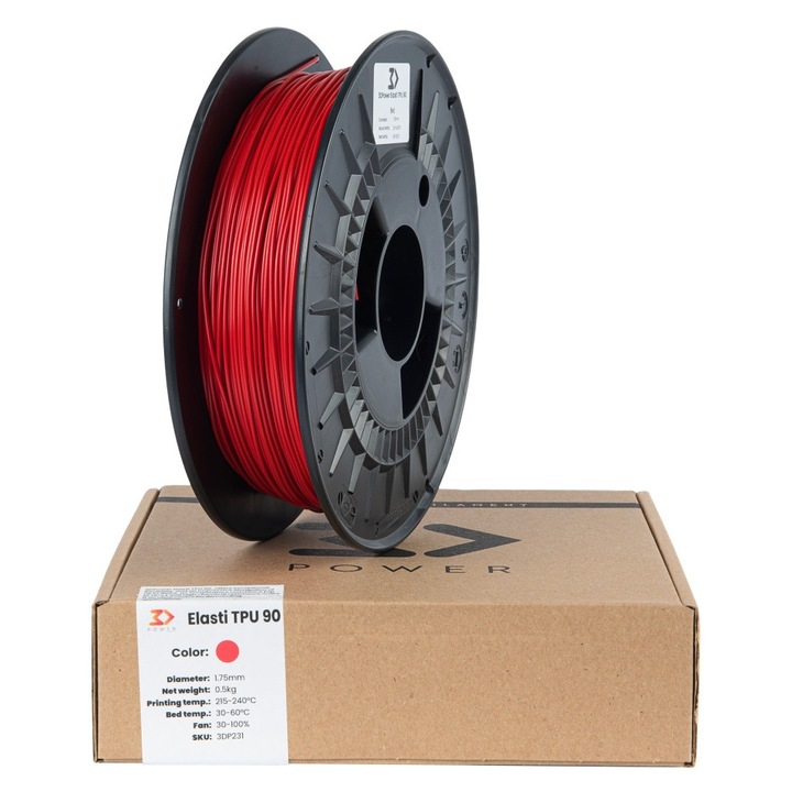 Filament TPU 3DPower Elasti TPU 90A, shore 90A, nyújtható akár 500%-ig, piros, 0.5kg