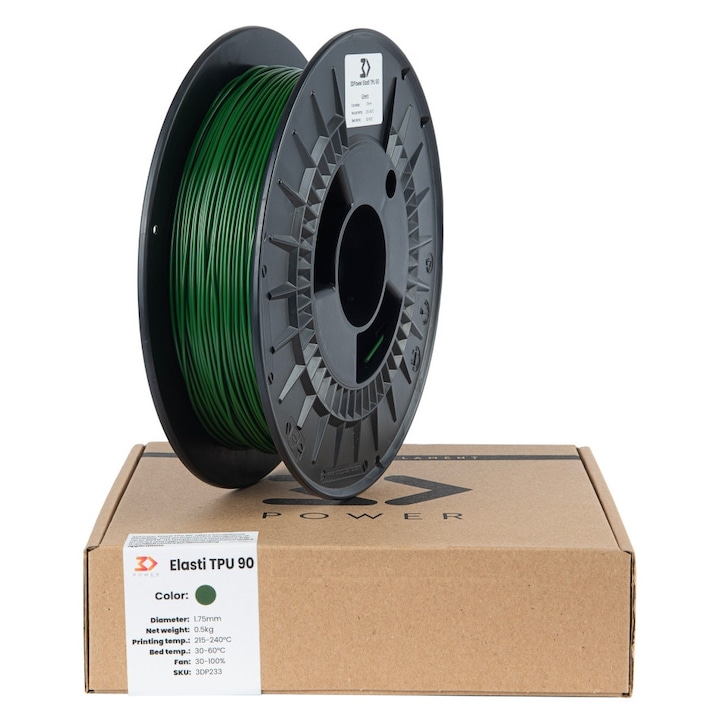 Filament 3D 3DPower Elasti TPU 90, 1.75mm, rugalmas Shore 90A, 500%-ig nyújtható, vegyszerálló, hőálló 76°C-ig, zöld, 0.5kg
