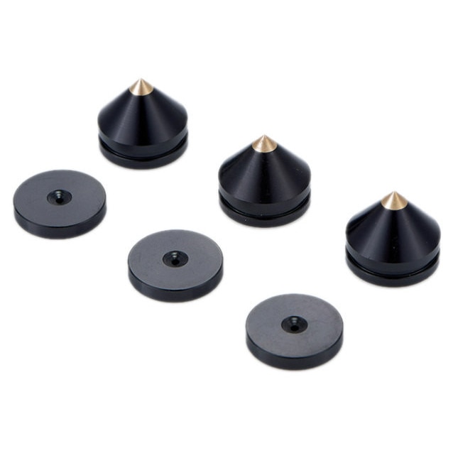 Picoane pentru difuzoare Mozos SPS-P04 montaj usor cu banda 3M, anti-vibratii si protectie podea, aluminiu cu varf din cupru, negru, 4 buc