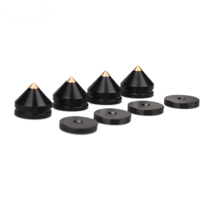 Picoane pentru difuzoare Mozos SPS-P04 montaj usor cu banda 3M, anti-vibratii si protectie podea, aluminiu cu varf din cupru, negru, 4 buc