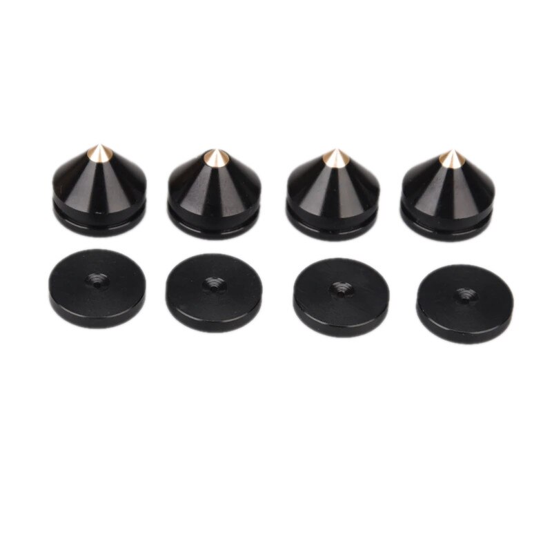 Picoane pentru difuzoare Mozos SPS-P04 montaj usor cu banda 3M, anti-vibratii si protectie podea, aluminiu cu varf din cupru, negru, 4 buc