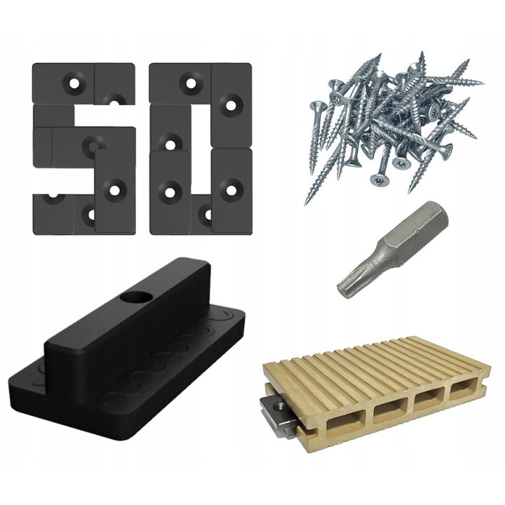 Tech-Plast szerelőkészlet WPC kompozit lapokhoz, üvegszál erősítésű műanyag kapcsok, 7 mm vastagságig alkalmas, A2 rozsdamentes acél csavarok 4x40 mm, Torx TX-15 bit, Fekete, 50 kapocs + 50 csavar + 1 bit