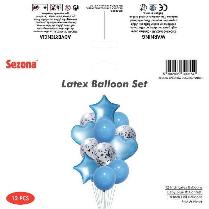 Set baloane decorative Sezona, latex, cu confetti si baloane folie stea si inima, albastru deschis/multicolor, 12 buc