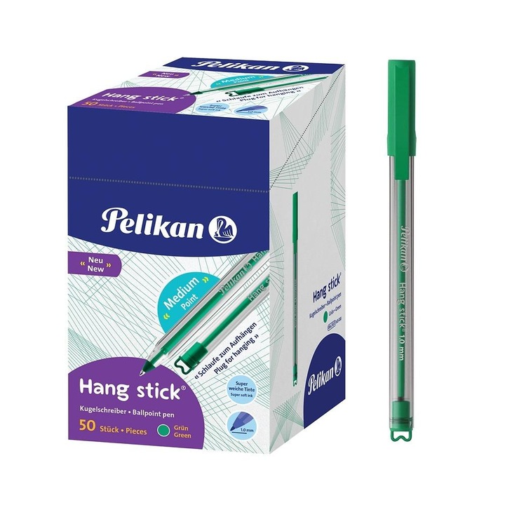Golyóstoll Pelikan Hang Stick, 1.0 mm-es hegy, átlátszó test, akasztóval, zöld, 50 db displayben