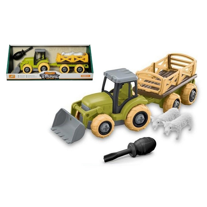 Figurina SWEDE tractor agricol cu remorca si animale multicolor 10x30cm