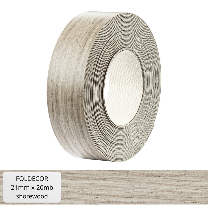 FOLDECOR SHOREWOOD melaminált élzáró szalag, hőolvadó ragasztóval, nedvesség- és kopásálló, világosszürke, 21 mm x 20 mb
