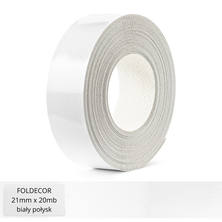Banda de cant/cant melaminic FOLDECOR, melamina cu adeziv termofuzibil, rezistenta la umezeala si uzura, alb lucios, 21 mm x 20 mb