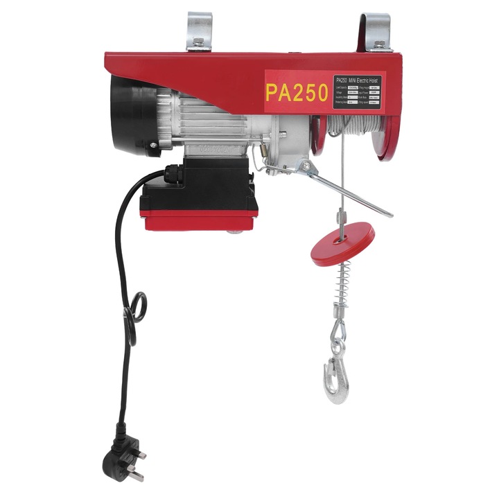 Palan electric, Cu telecomanda wireless 250 kg, Doua chingi de ridicare, Stecher UE 220V 50Hz, IP40, Clasa de izolatie B, Auriu