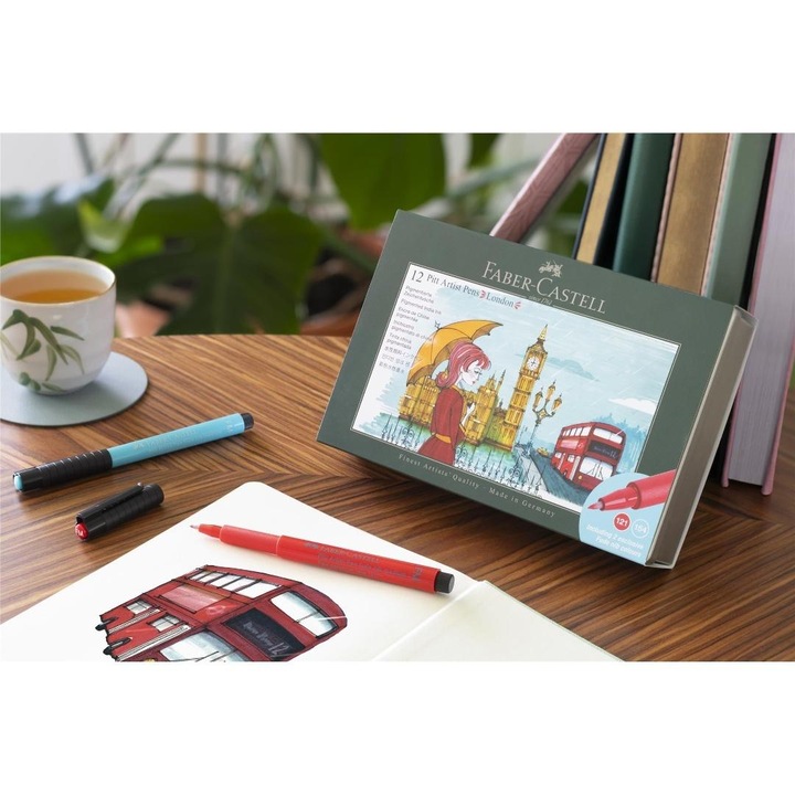 Комплект от 12 артистични маркера Faber Castell Pitt Artist Pen London, различни цветове, за рисуване и скициране, Многоцветен, 12 бр