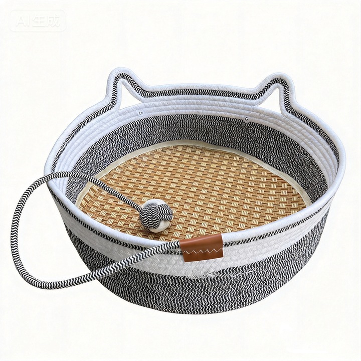Pat pisici caini mici, din sfoara bumbac, design urechi pisica, saltea racoritoare detasabila lavabila, jucarie interactiva inclusa, zgarietor, 40x15cm, max 6 kg, saltea maro