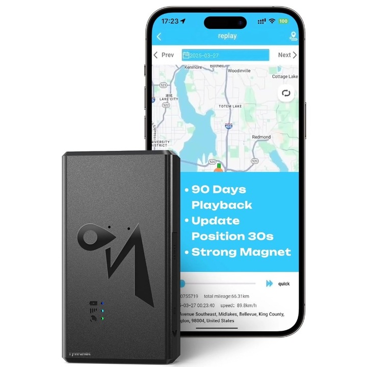 Tracker GPS pentru vehicule Tyvirundic 4G LTE, localizator GPS, actualizare pozitie la 30s, 90 zile istoric traseu, Negru lucios