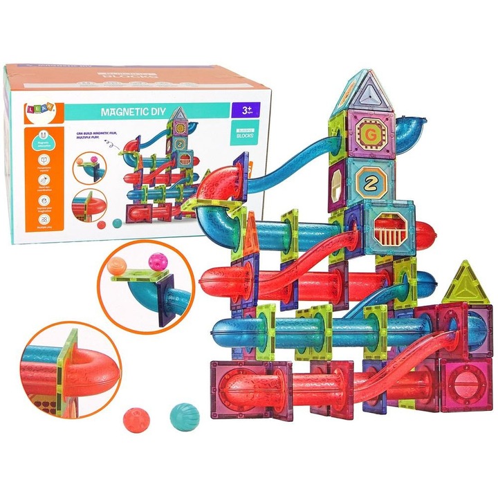 Магнитен конструктор Leantoys 3D, писта за топчета, модулни магнитни части, Многоцветен, 145 части