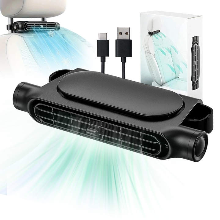 Juksun autósülés ventilátor, fejtámlára szerelhető autóventilátor, 3 állítható sebesség, USB tápellátás, műanyag, fekete, 17.5x7.5 cm