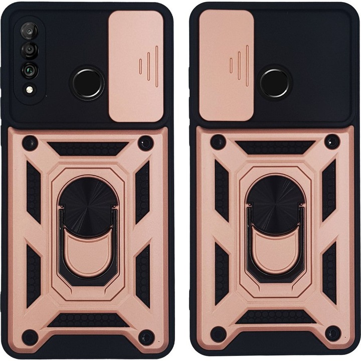 Husa Sonique Ring Armor CamPro, protectie, inel integrat, roz auriu, Huawei P30 Lite